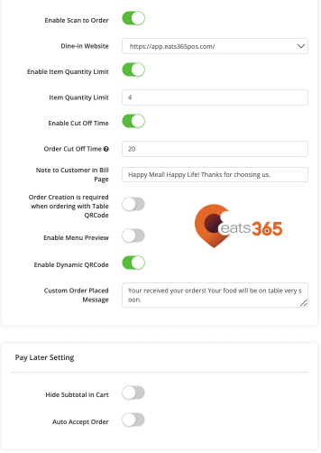 By using Eats365 Scan-to-order expansion module, you can easily turn on or off multiple settings based on the restaurant's operational needs, such as enabling product quantity limits, custom messages, and other various detailed settings.