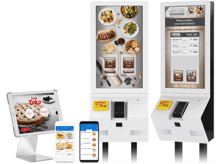 Kiosk stand with iPad running POS for self-service ordering