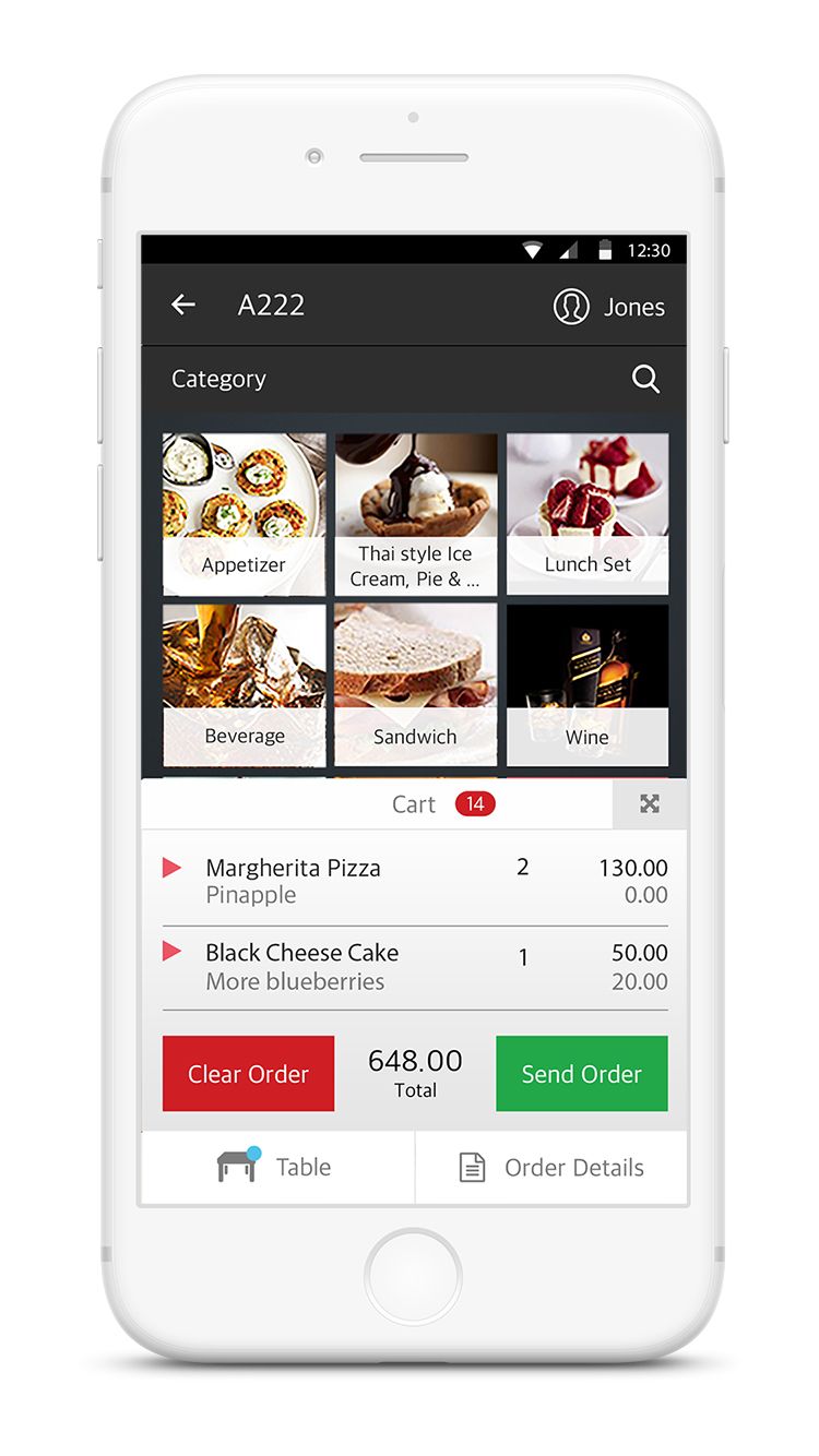 iPhone POS display ordering management with combo and modifier.