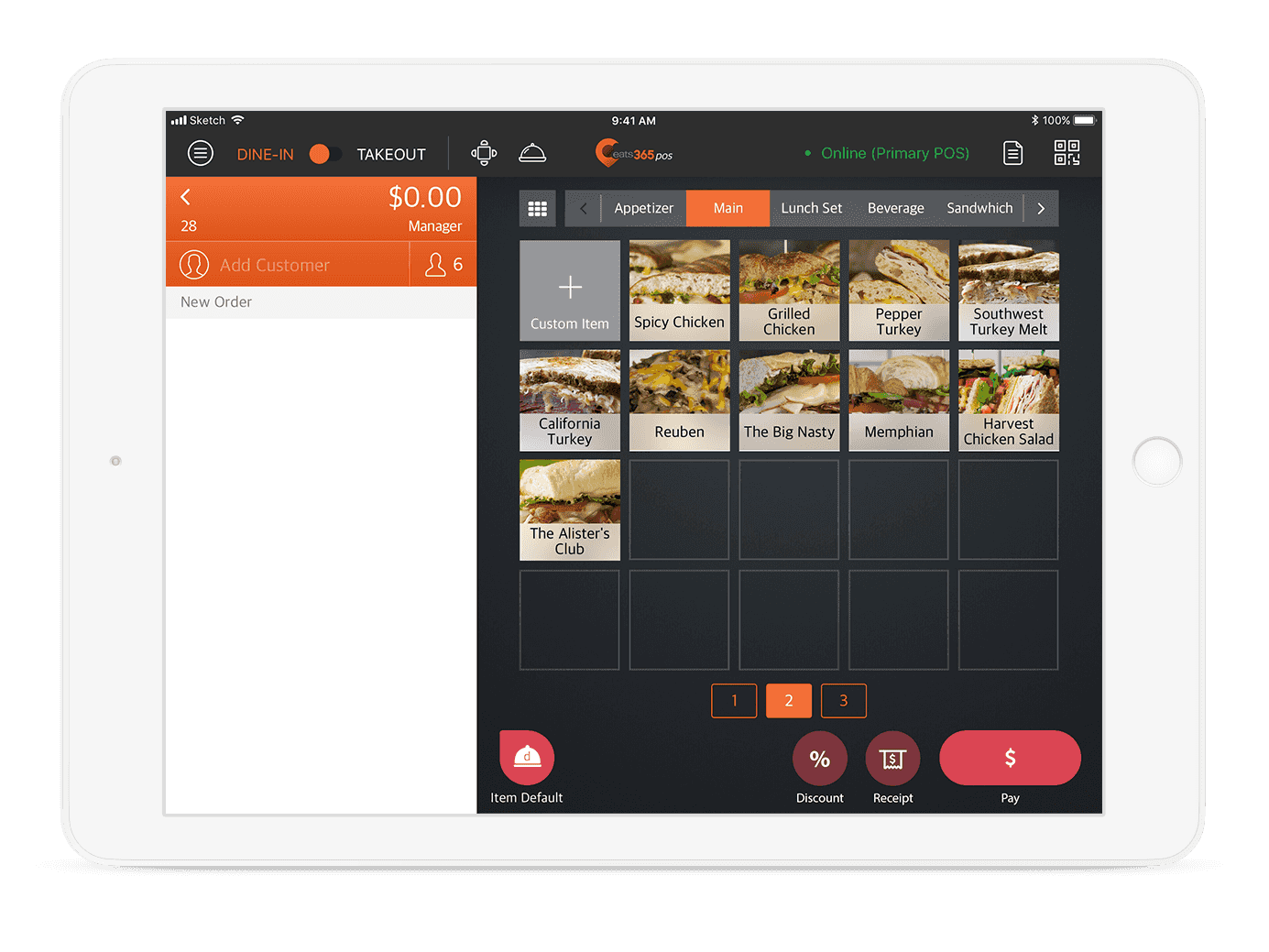 iPad POS showing food menu with different combo, modifier.
