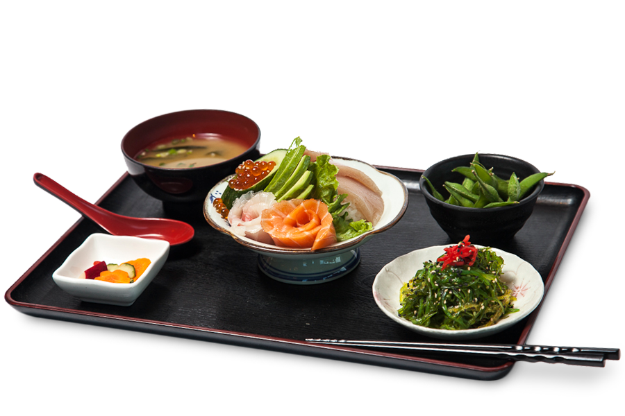 Japanese set menu with sushi, sashimi, miso soup, rice and vegetable.
