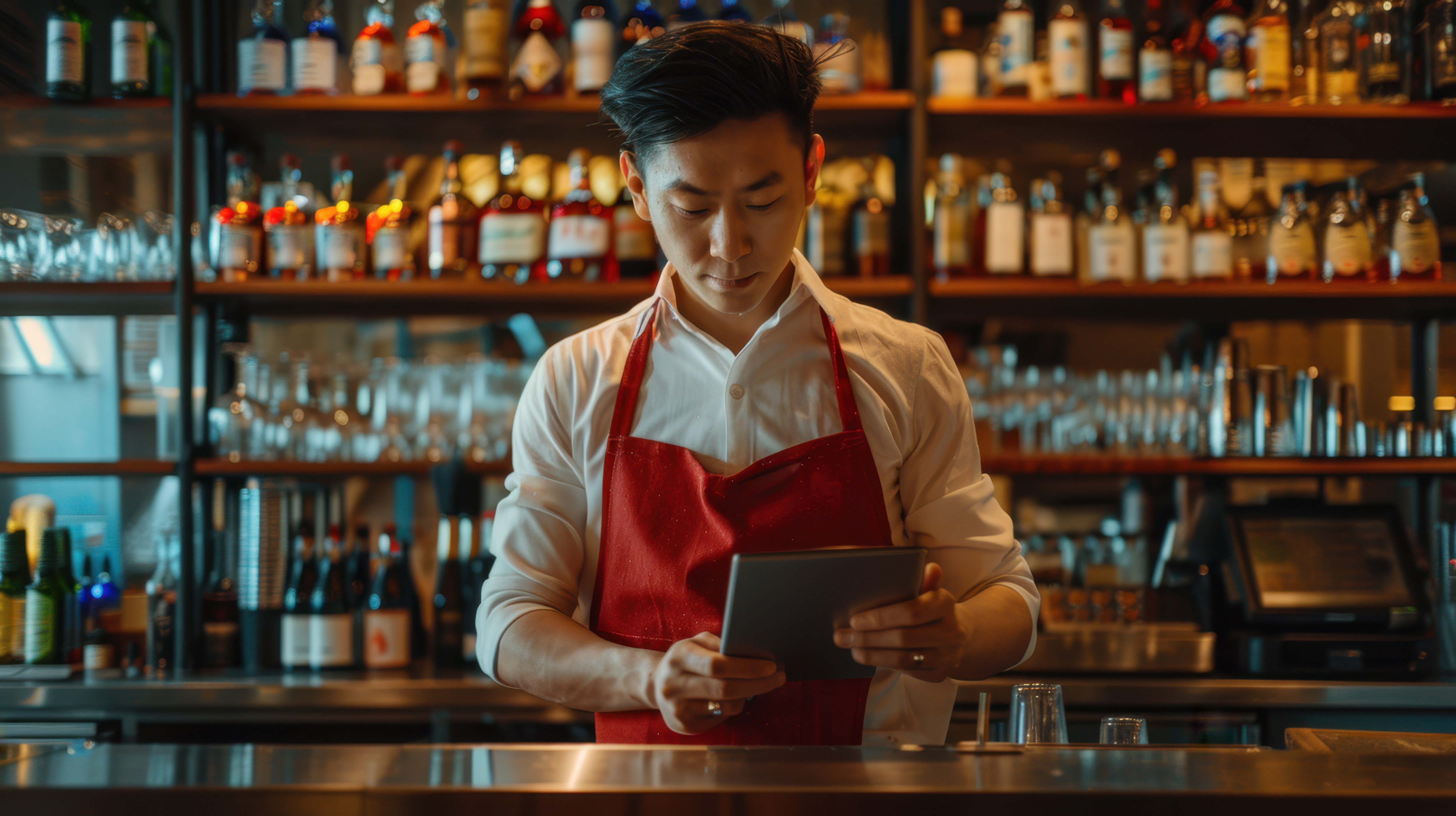 owner of bar or nightclub is using ipad POS system to check his business