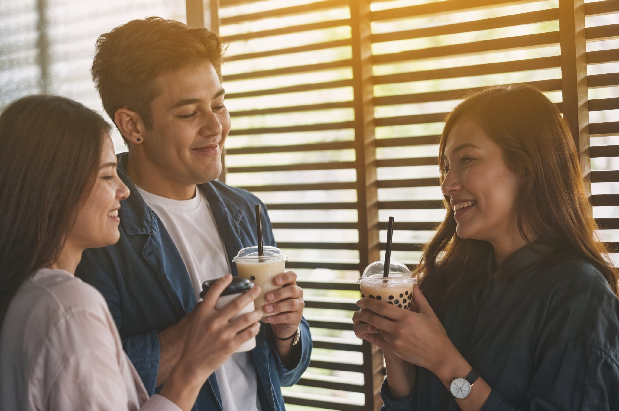 friends enjoying bubble teas and chat together