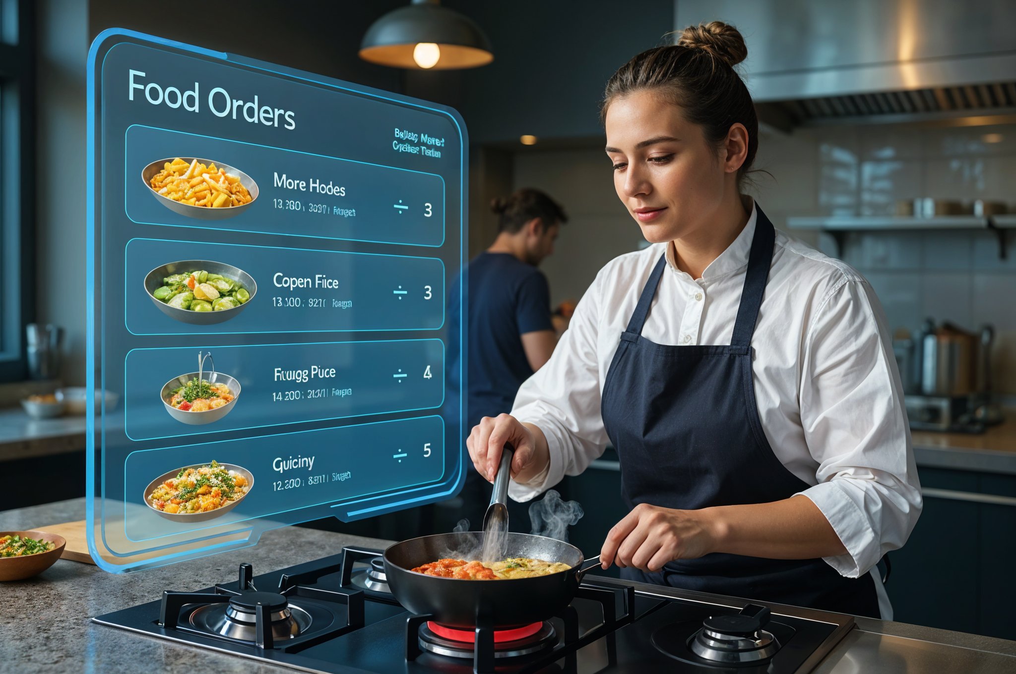 a cloud kitchen female chef cooking for online orders in