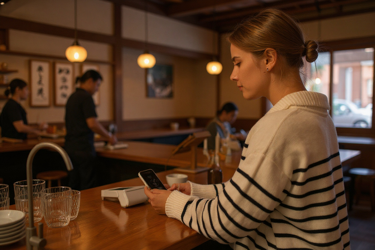 foreign customer using nfc to pay in a japanese restaurant