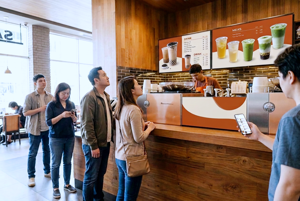 ordering bubble tea at counter